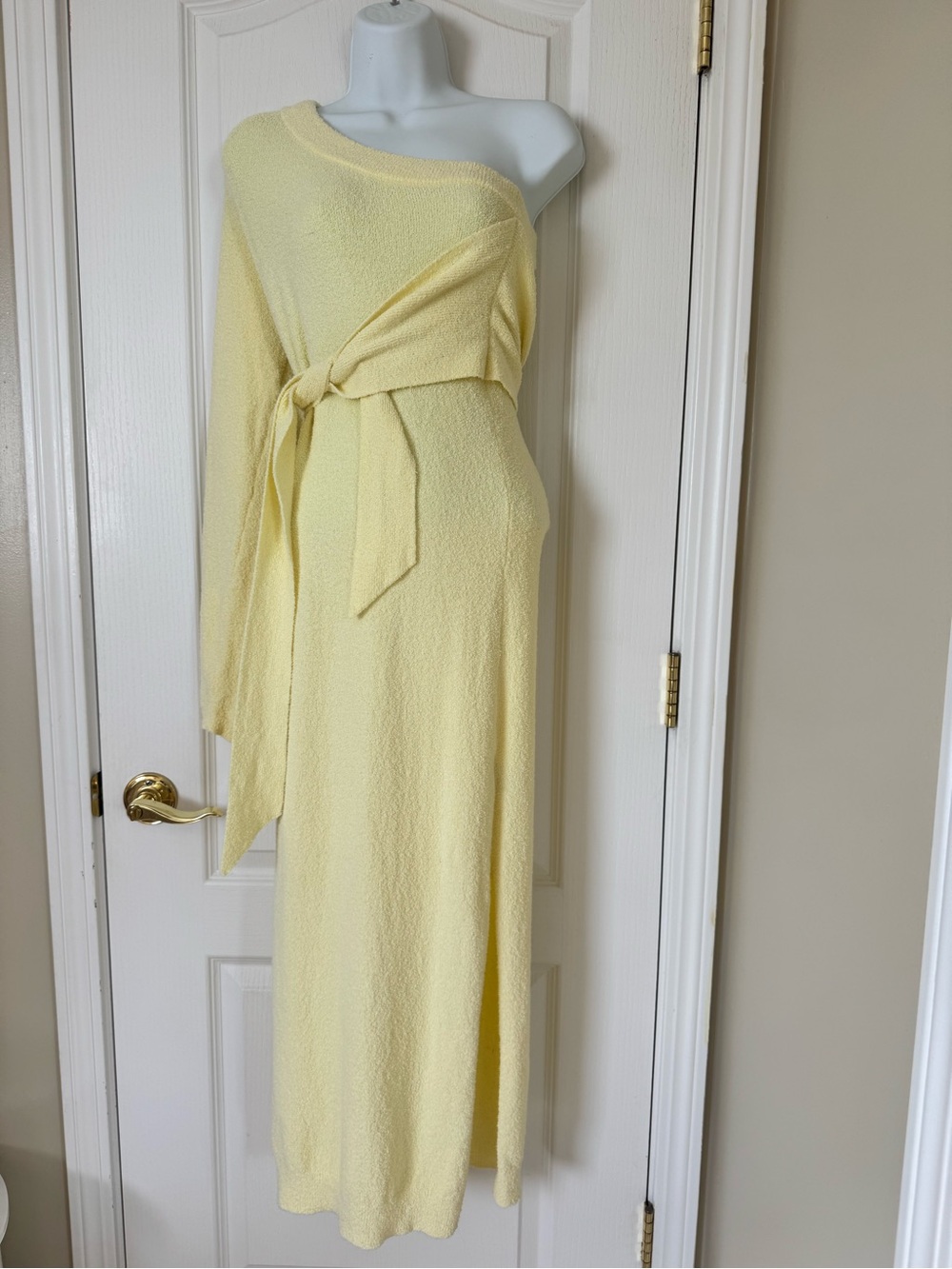 Nanushka Terry Knit One Shoulder Wrap Midi Dress Butter Yellow XXS Luxury Resort